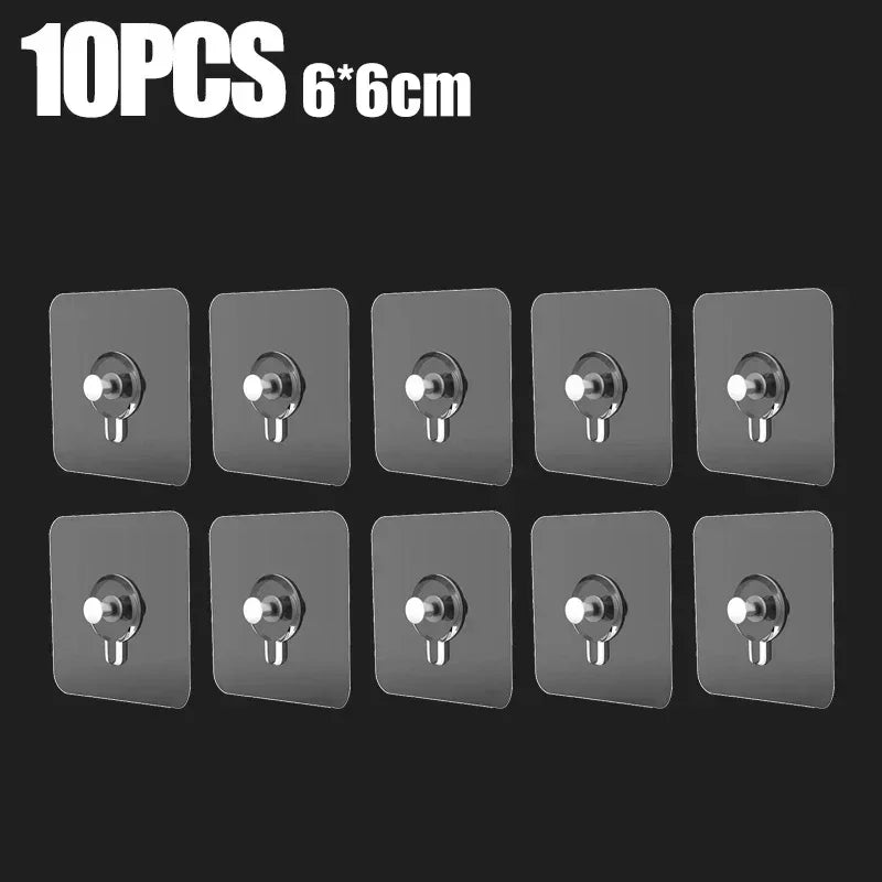 Ten pairs of transparent self-adhesive wall hooks measuring 6x6cm for hanging pictures and frames.