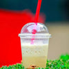 A clear plastic cup filled with a light-colored drink and a red straw, resting on green moss.