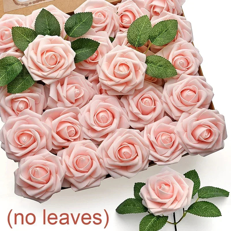 A box filled with pink foam rose flower heads for weddings and DIY crafts