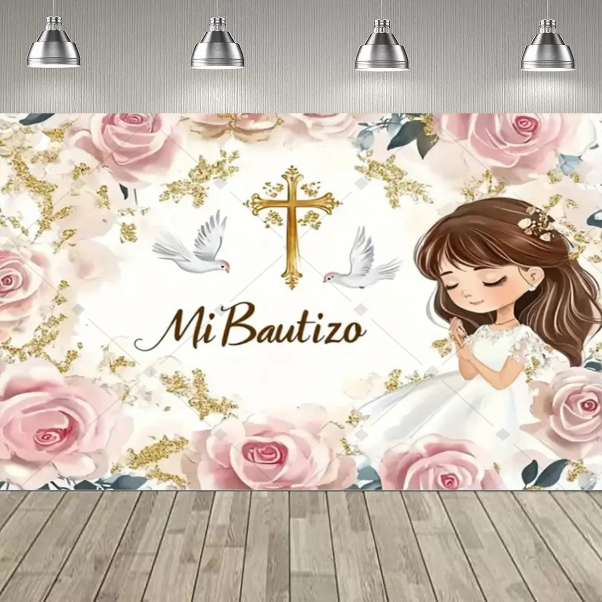 A floral backdrop for a First Communion featuring a gold cross and doves with a young girl.