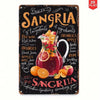 A rustic metal sign decoration featuring the text 'SANGRIA' and ingredients list on a dark background.