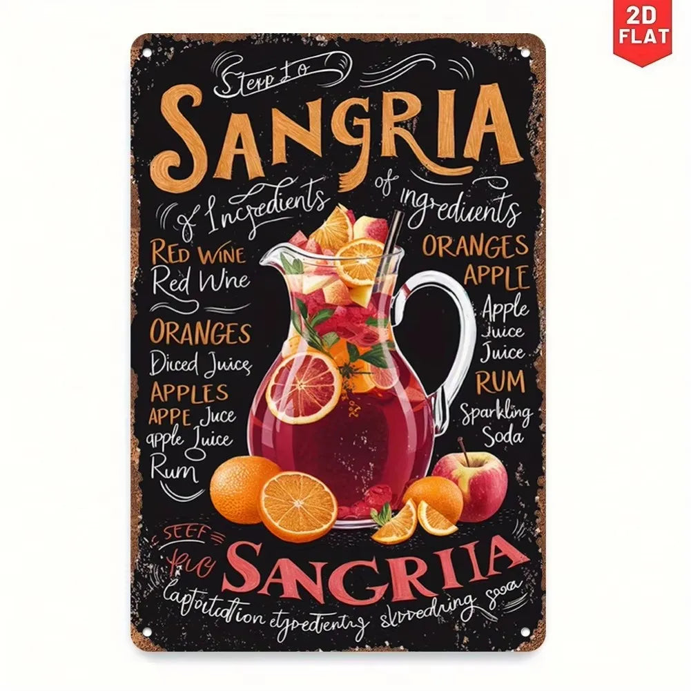 A rustic metal sign decoration featuring the text 'SANGRIA' and ingredients list on a dark background.