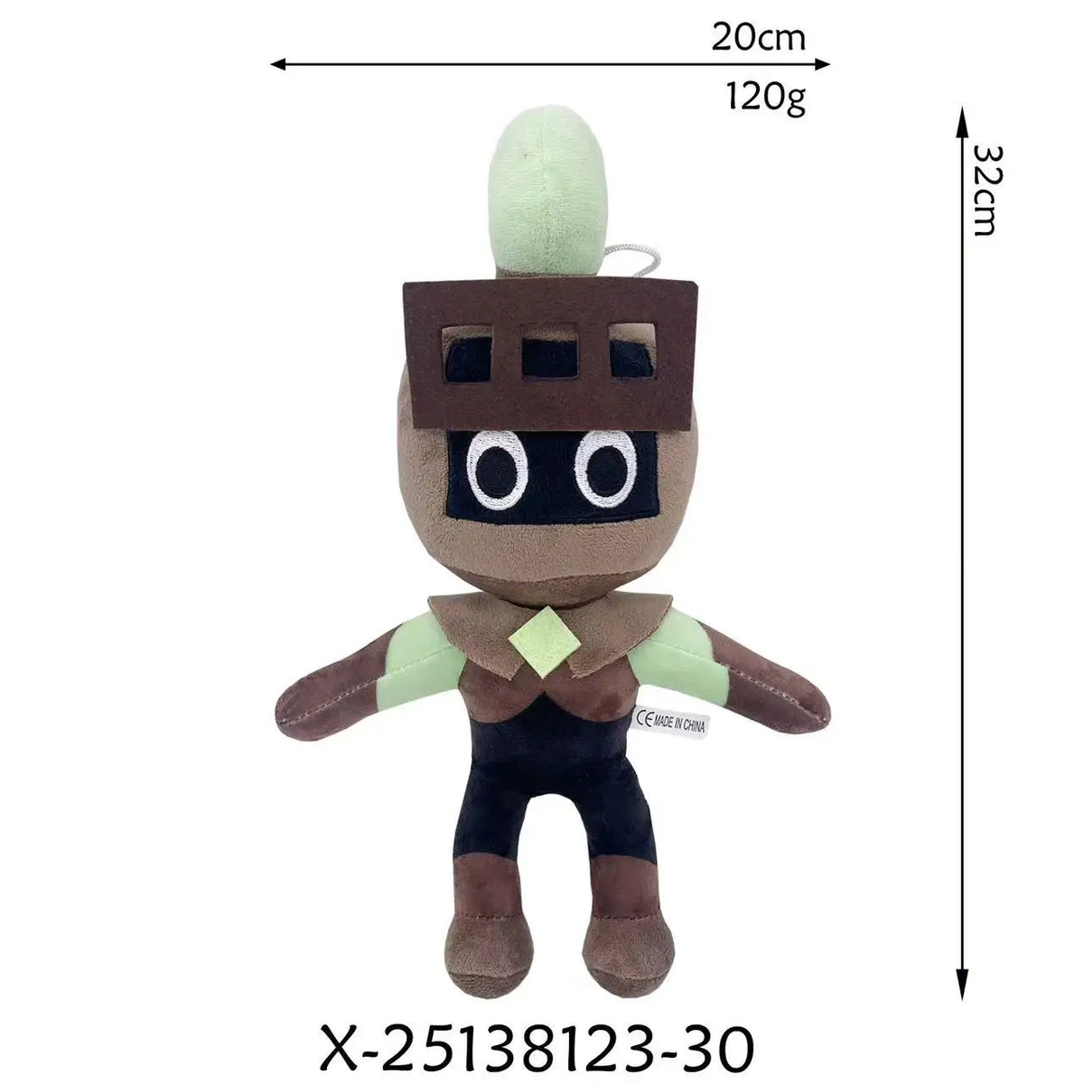 A brown and green plush toy with a rectangular face, dark body, and light green head.