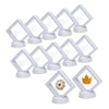 A set of ten white floating shadow box jewelry display frames with small white bases.