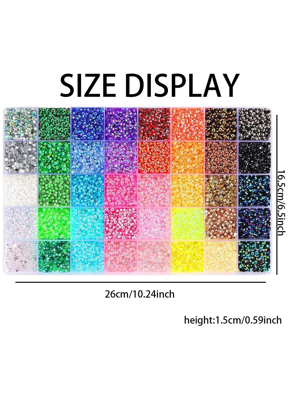 A size display showing various colors of 3mm flatback resin rhinestones for DIY crafts.