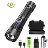 A black rechargeable zoom flashlight is shown with its components, including the main body and a separate USB-C charging cabl
