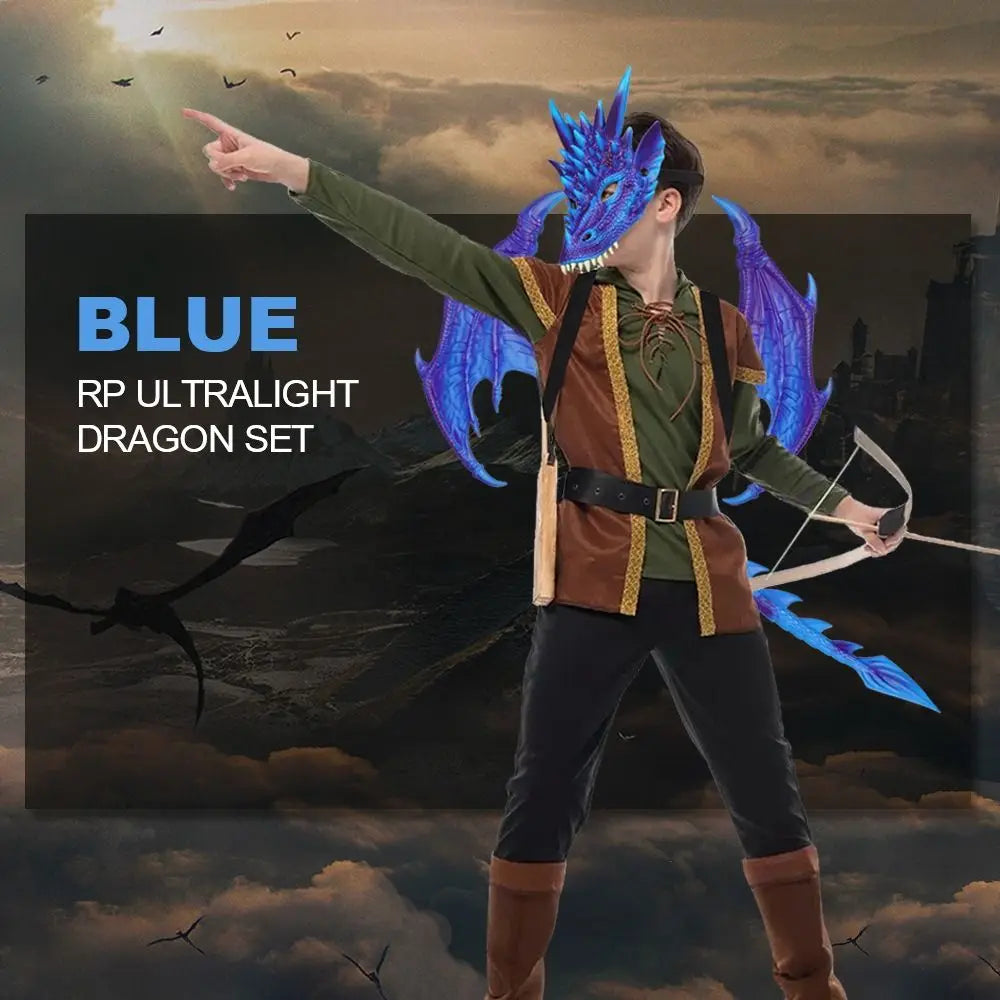 A male cosplayer in a blue dragon costume poses against a cloudy sky with dark silhouettes of birds and bats.