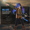 A male cosplayer in a blue dragon costume poses against a cloudy sky with dark silhouettes of birds and bats.