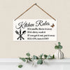 A white wooden hanging sign with black script listing kitchen rules such as throwing away smelly items and turning off applia