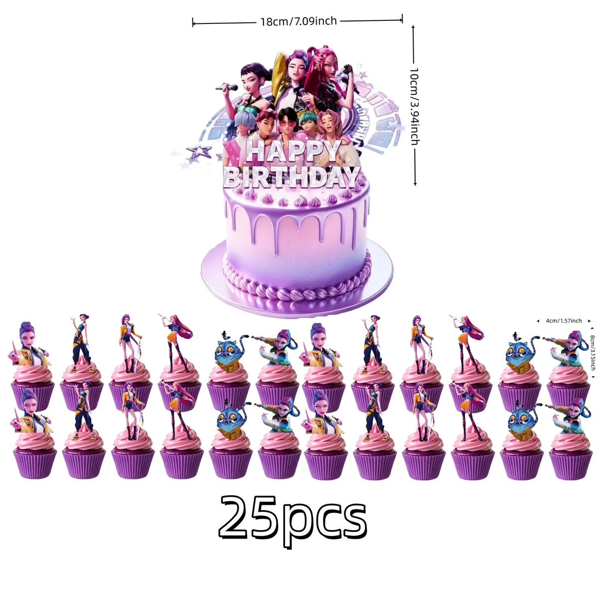 A set of 25 colorful anime hunter girl cake toppers featuring various characters in pink and purple.