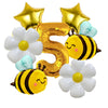 A set of six aluminum foil daisy balloons, including a number five and several bee-shaped balloons.