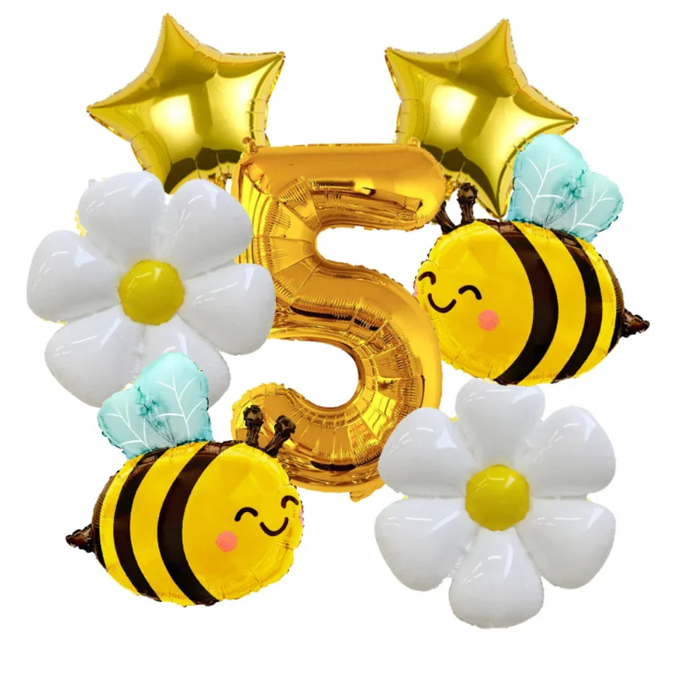 A set of six aluminum foil daisy balloons, including a number five and several bee-shaped balloons.