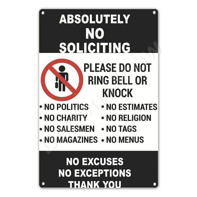 A black metal wall sign with white text stating Absolutely No Soliciting and various prohibitions against soliciting.