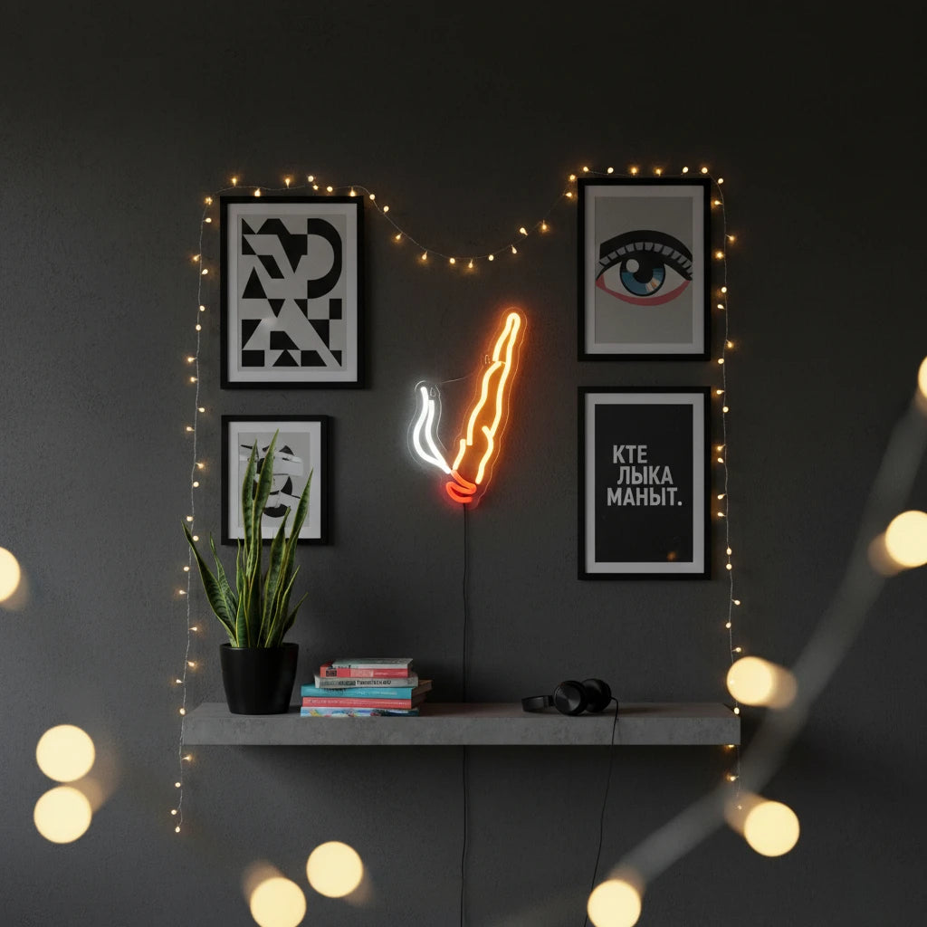 Décor mural LED néon avec art encadré et forme de cigarette lumineuse sur un mur gris foncé.