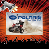 A banner featuring a Polaris motorcycle in action against a background of dust and an audience cheering.