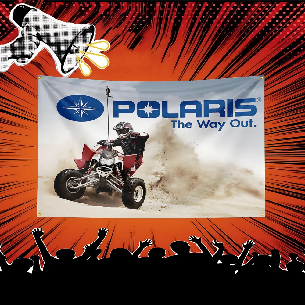 A banner featuring a Polaris motorcycle in action against a background of dust and an audience cheering.