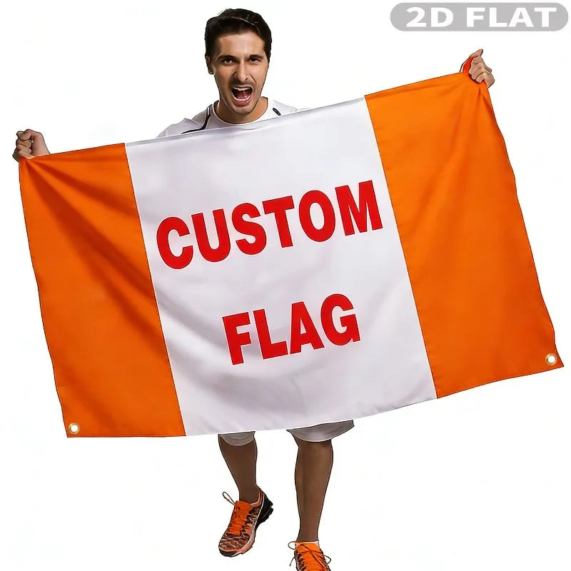 A man holds up a custom orange and white flag banner with the text CUSTOM FLAG.