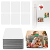 A set of ten white sublimation blank fridge magnets and a stack of black and white striped magnets.
