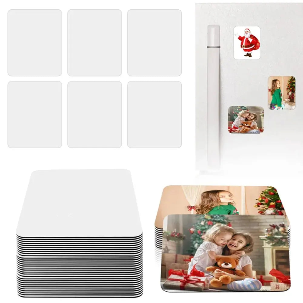 A set of ten white sublimation blank fridge magnets and a stack of black and white striped magnets.