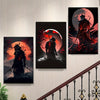 A set of three dark, dramatic wall art prints featuring samurai figures against fiery red and black backgrounds.