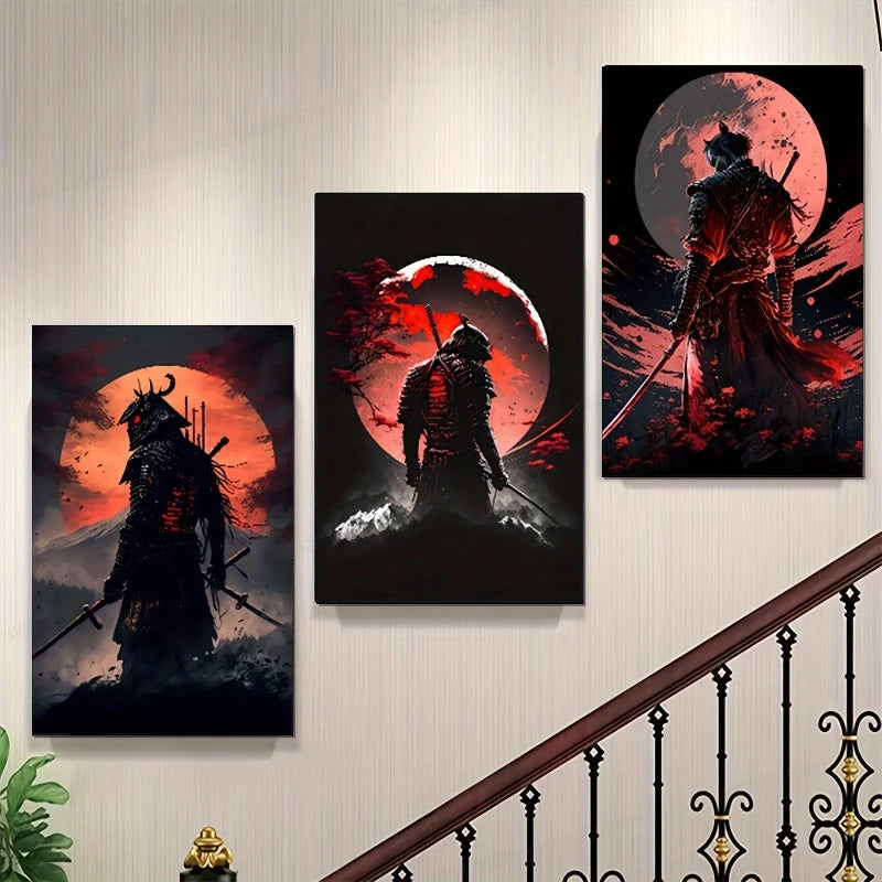 A set of three dark, dramatic wall art prints featuring samurai figures against fiery red and black backgrounds.
