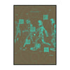 A canvas wall art piece featuring a stylized silhouette of a cowboy riding a horse in teal on a brown background.