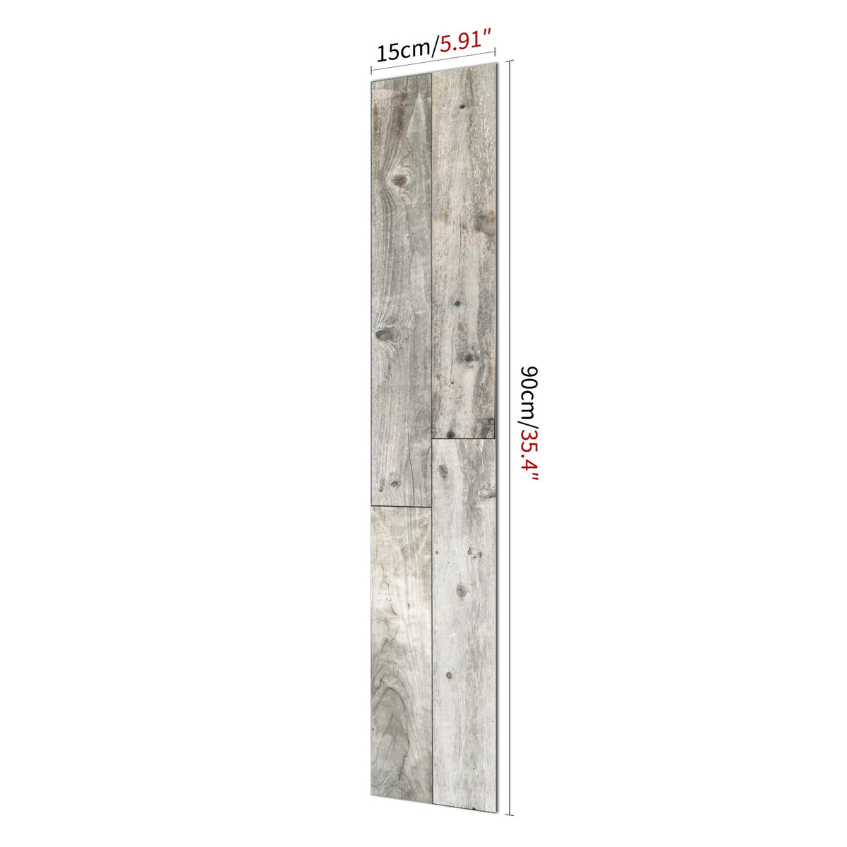 Vertical rectangular wood grain self-adhesive decal showing various shades of weathered gray wood planks.