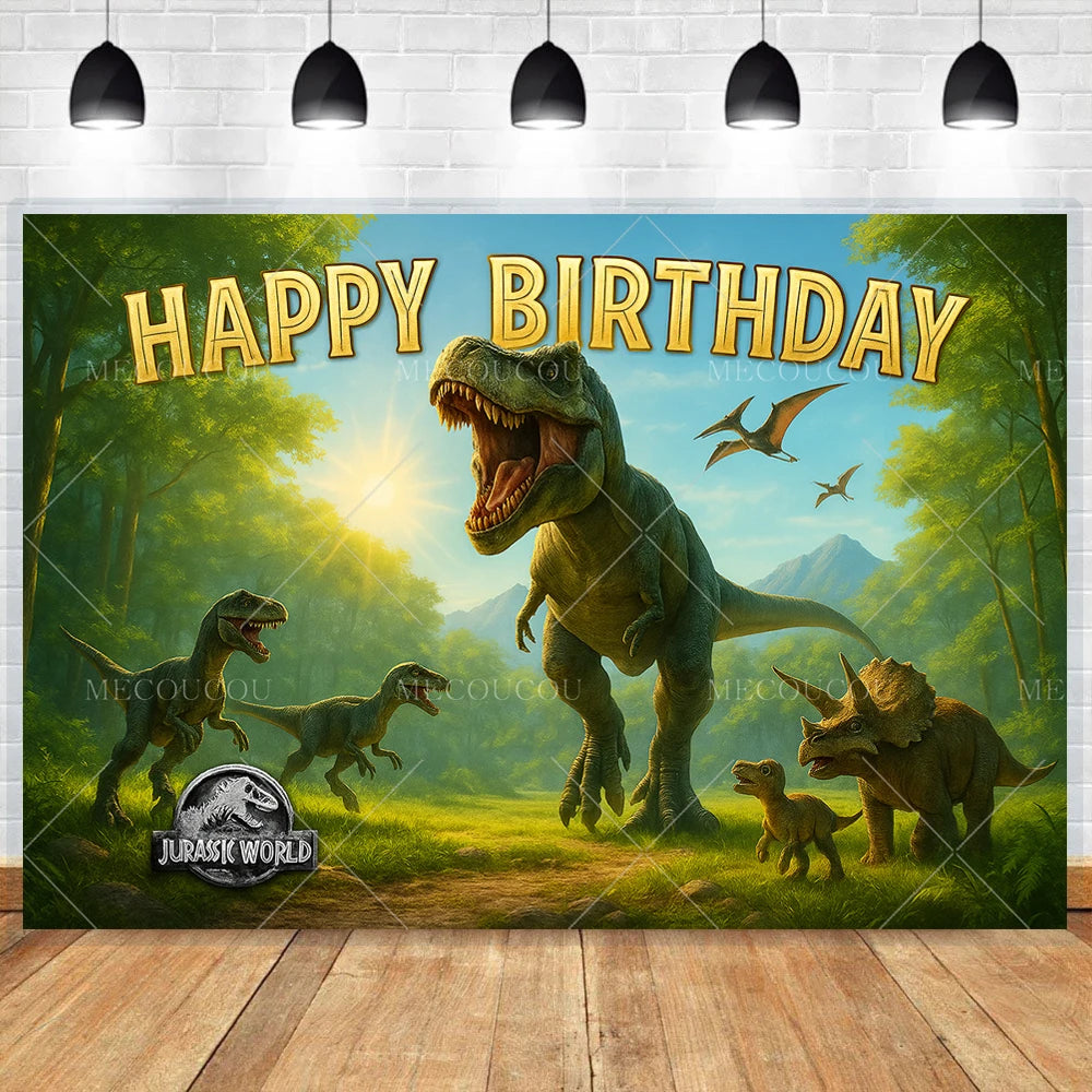 A vibrant jungle scene featuring dinosaurs celebrating a happy birthday with a banner above.