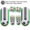 A set of soccer ball balloons including 10 plates, 10 cups, and 20 napkins.