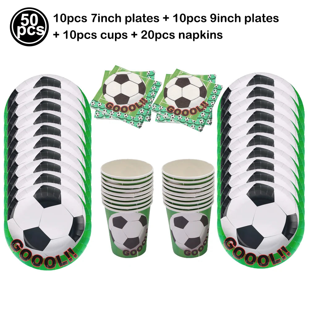 A set of soccer ball balloons including 10 plates, 10 cups, and 20 napkins.