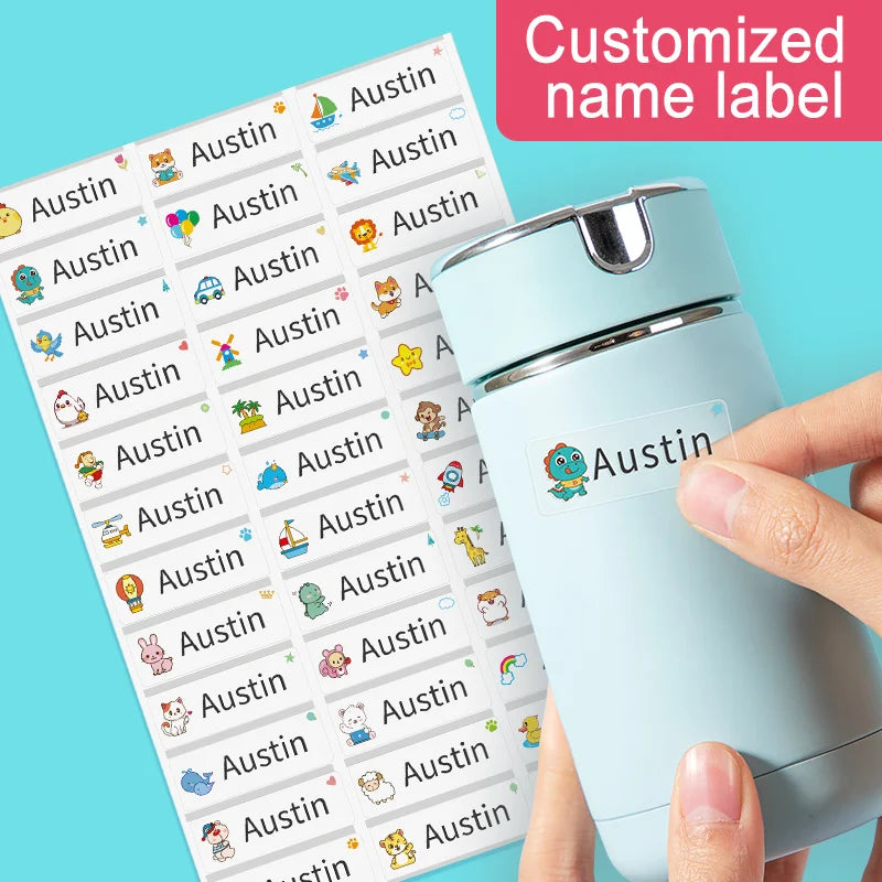 A hand holds a light blue waterproof name label product next to a sheet of customized name labels for kids.