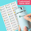 A hand holds a light blue waterproof name label product next to a sheet of customized name labels for kids.
