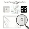 Custom tapestry and flag installation package showing a white fabric and mounting hardware.
