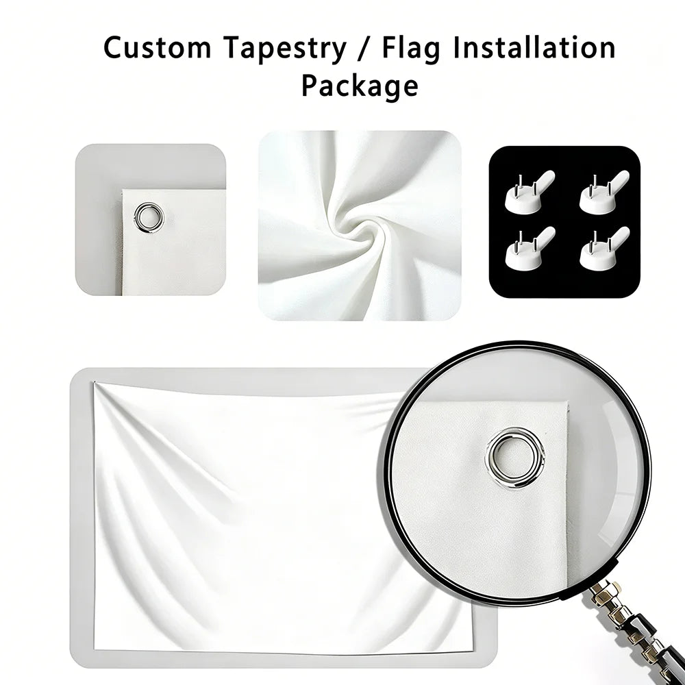 Custom tapestry and flag installation package showing a white fabric and mounting hardware.
