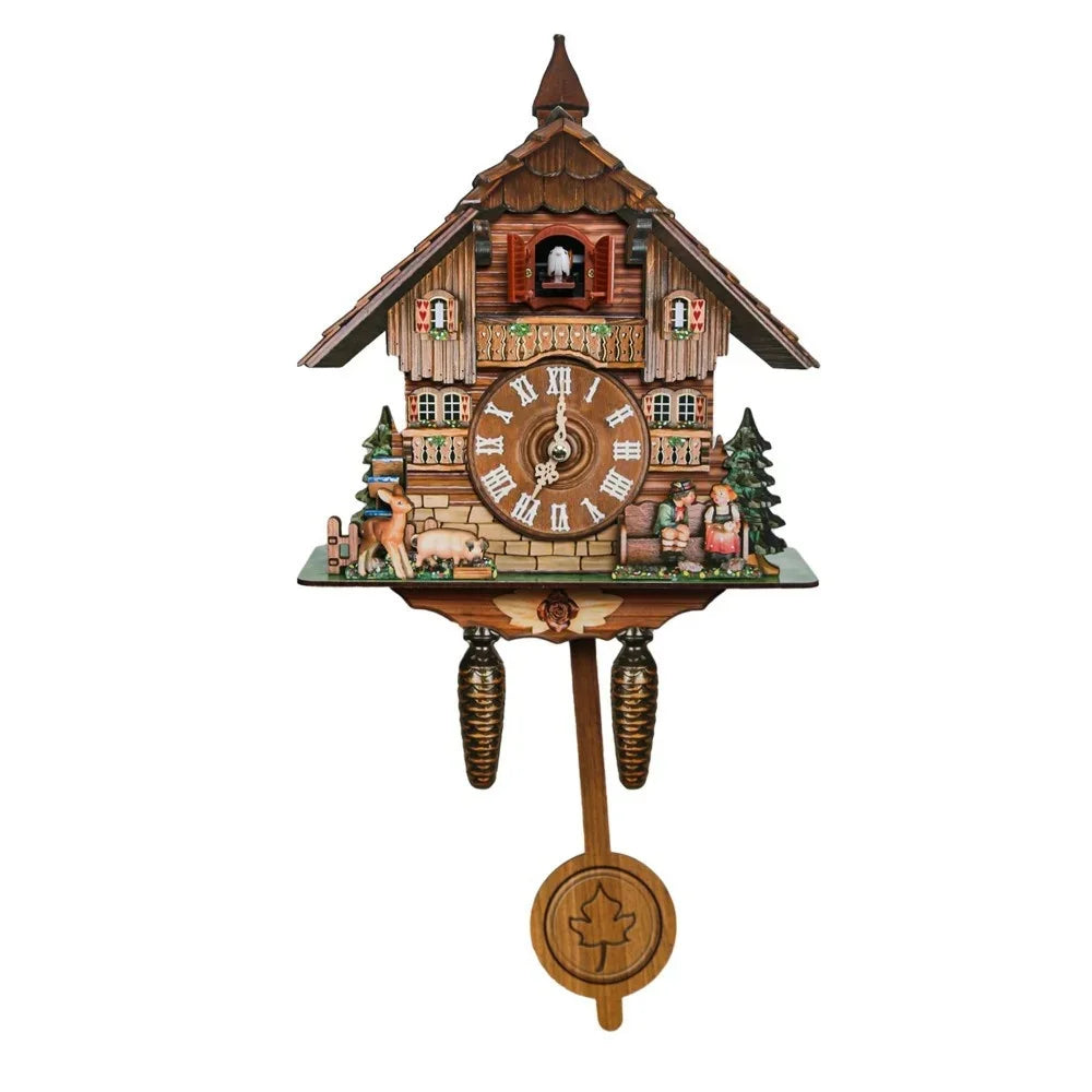Vintage wooden cuckoo clock with hourly chime featuring a detailed, rustic facade.