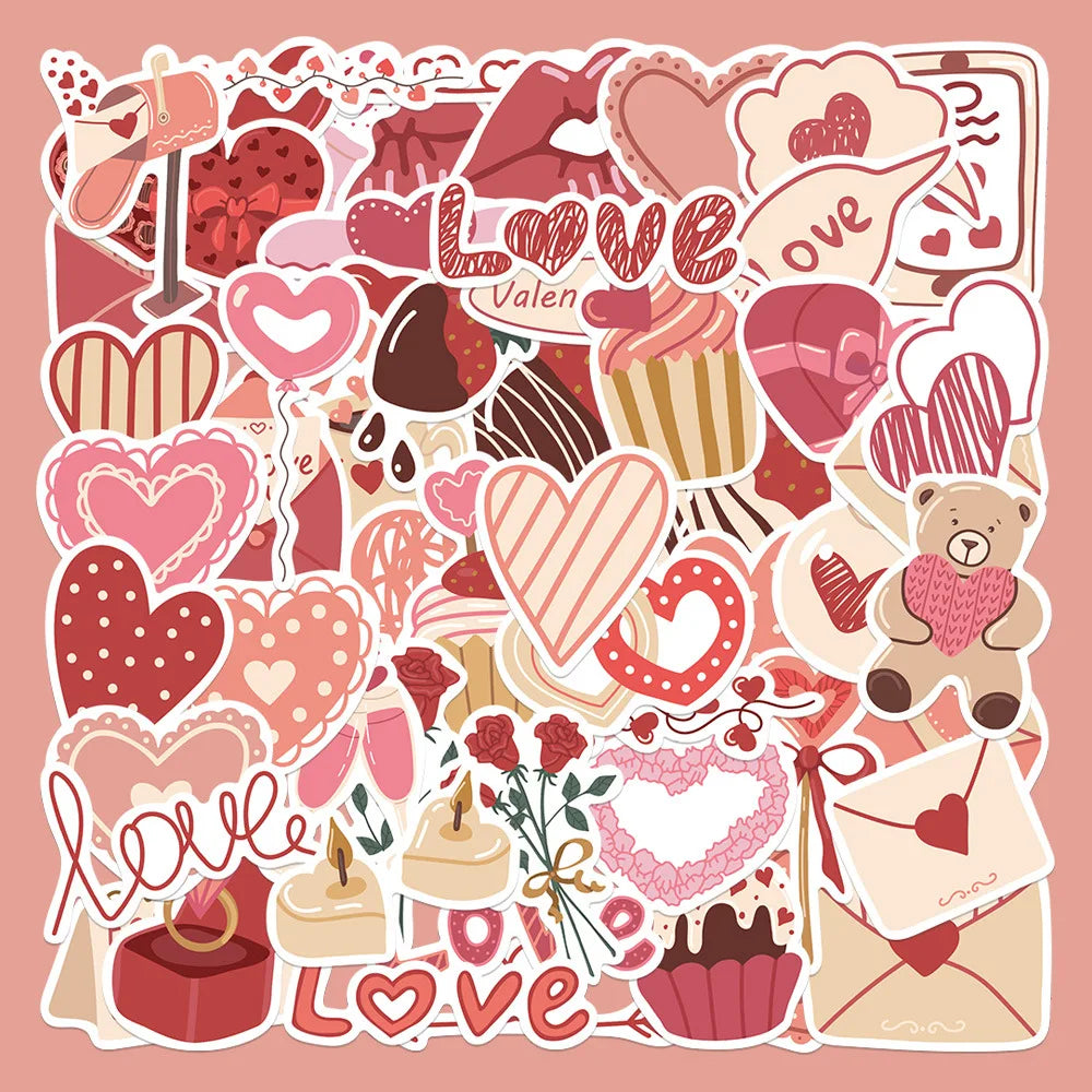 A colorful sticker pack featuring various love-themed hearts, roses, and decorative elements on a pink background.