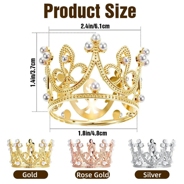 A set of three elegant crown cake toppers in gold, rose gold, and silver finishes.