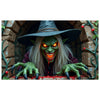 A green-skinned, horned figure with long white hair and a wide grin wearing a dark hat is featured in a spooky graveyard scen