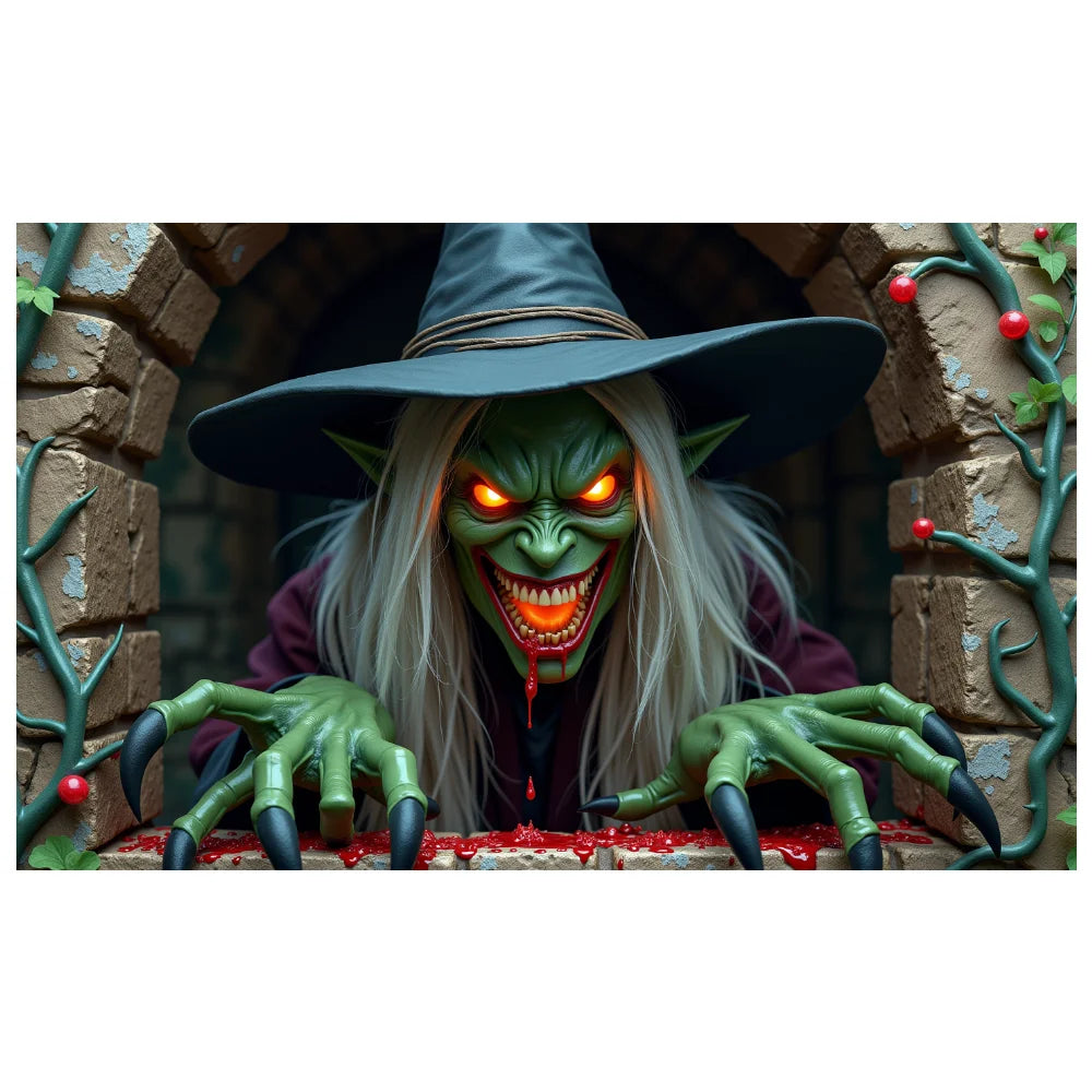 A green-skinned, horned figure with long white hair and a wide grin wearing a dark hat is featured in a spooky graveyard scen