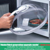A transparent microwave splatter guard with a handle and vent is shown inside an oven cavity.