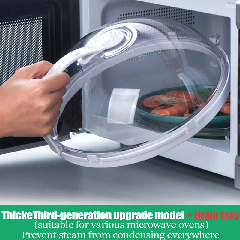 A transparent microwave splatter guard with a handle and vent is shown inside an oven cavity.
