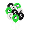A set of nine latex balloons in black and lime green with soccer ball designs for a party decoration.