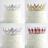 Four images showing crystal rhinestone crown cake toppers on white tiered cakes.