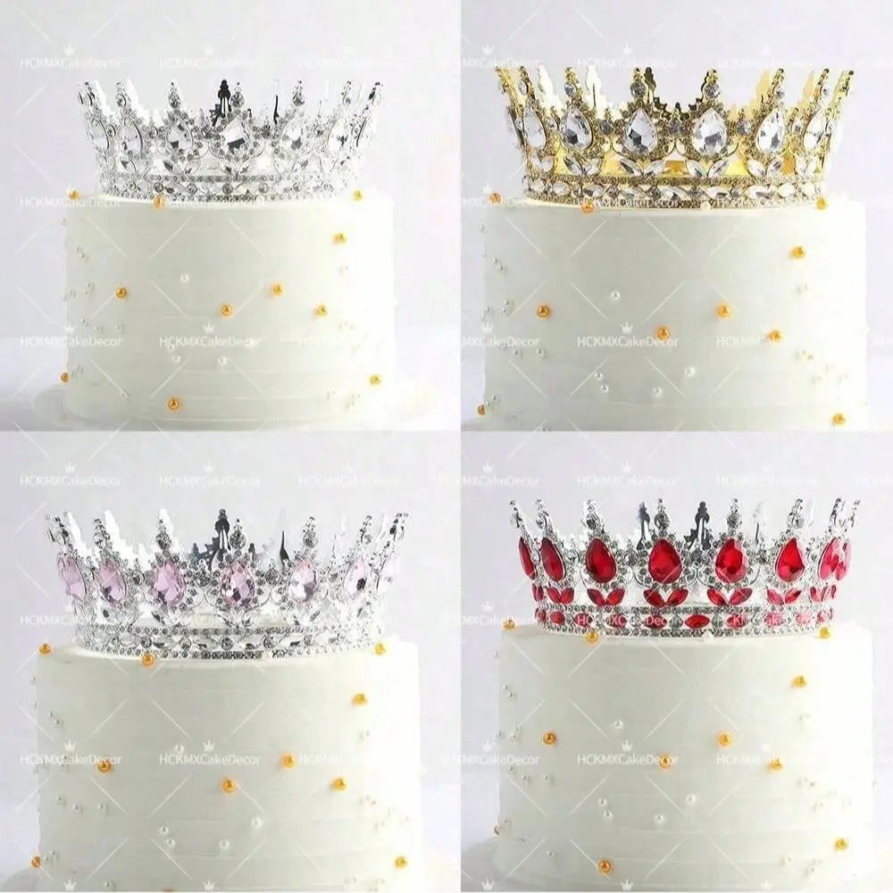 Four images showing crystal rhinestone crown cake toppers on white tiered cakes.