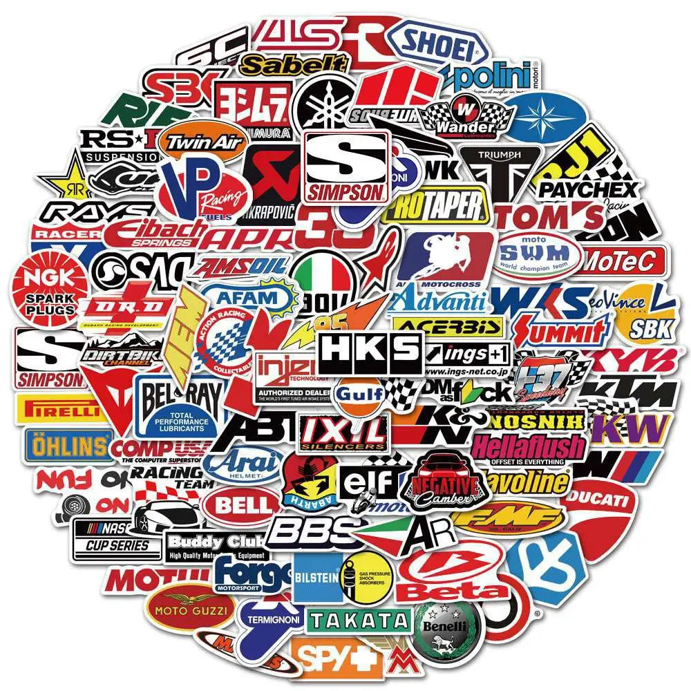 A collection of multi-use racing car graffiti stickers in various styles and colors.