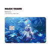 A holographic cat credit card skin featuring a blue-haired anime character in a magical forest setting.