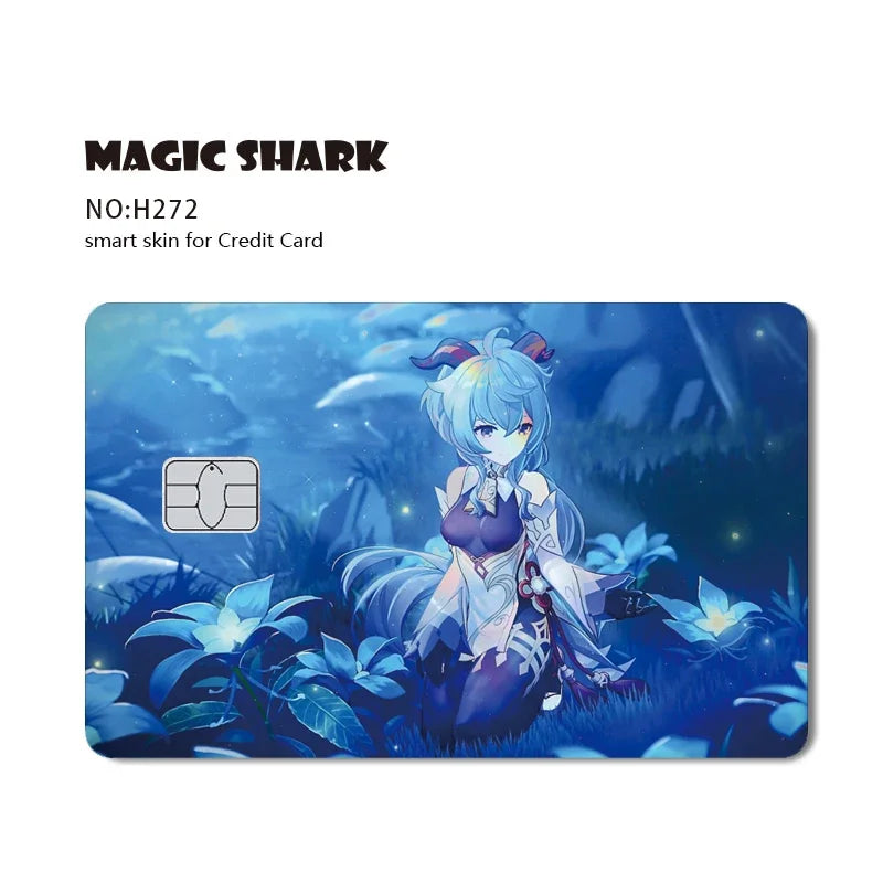 A holographic cat credit card skin featuring a blue-haired anime character in a magical forest setting.