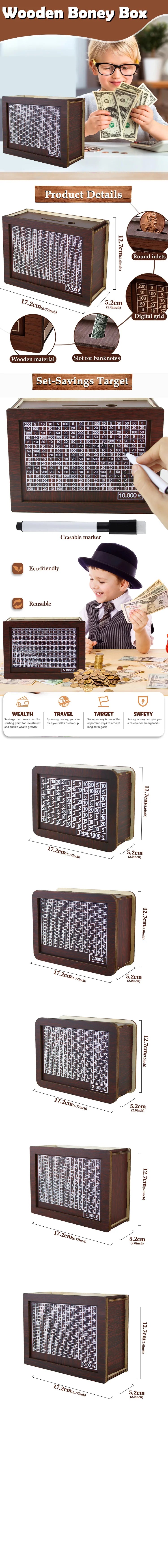 A wooden piggy bank with a grid design used for saving money or setting goals.