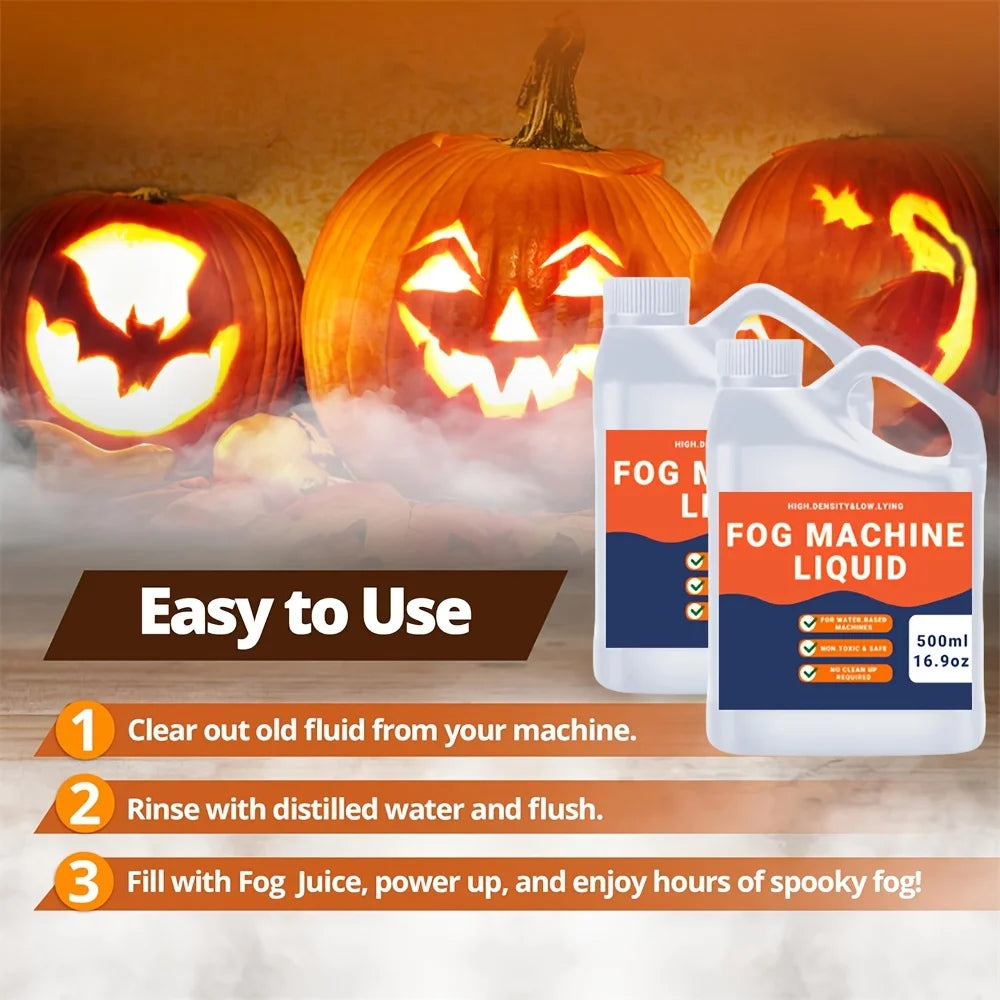 A bottle of Fog Machine Liquid next to carved pumpkins, illustrating how to easily use the fluid.