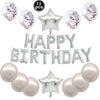 A set of silver and white foil letter balloons and star shaped balloons for a birthday party decoration